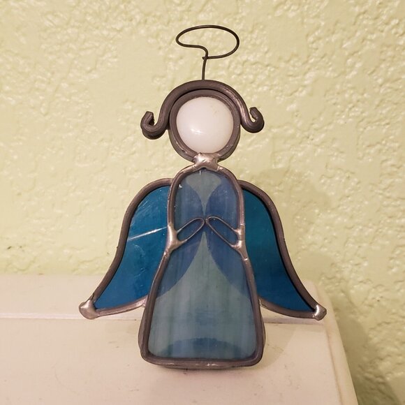 Vintage 1980 Blue Stained Glass Leaded Suncatcher Angel With‎ Halo 4" Standing - Picture 9 of 10